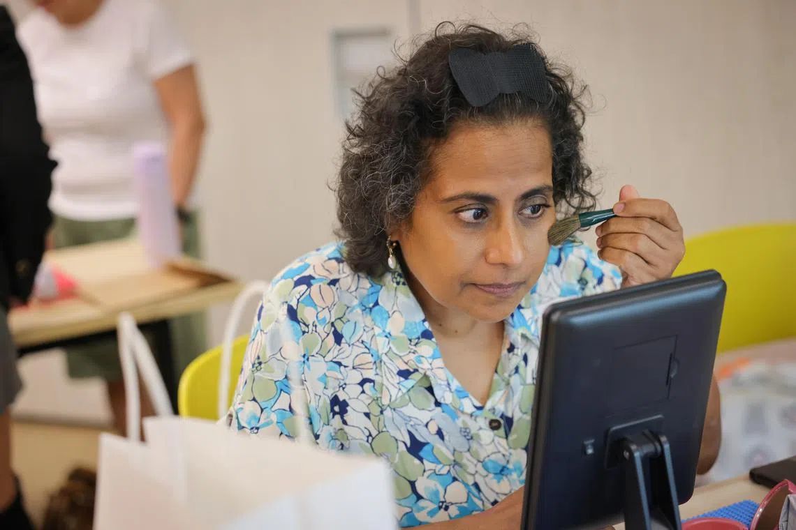 smstroke31 ST20240131_202446801376 Ong Wee Jin / Shermaine Ang / 

Ms Sarasvathi D/O Ramasamy, 57, a workshop participant at a makeup workshop specially tailored for women affected by stroke held on Jan 31, 2024, at Stroke Support Station’s (S3). The workshop seeks to restore confidence in stroke survivors and promote a sense of empowerment through stroke-adaptive makeup techniques thereby reframing negative self-perceptions into positive affirmations. Ultimately, helping stroke survivors relearn ways of rediscovering their identity and self-agency as part of their recovery journey.

This ‘Self-care in the Ritual of Makeup’ workshop utilizes simplified makeup techniques and mindfulness activities that will help participants regain their confidence and self-esteem. Makeup techniques adapted for stroke survivors include using one’s affected hand as a makeup palette to show that the hand can still be used after stroke; using smaller makeup products for better grip; and using pump dispenser products instead of those with screw caps for easier handling.