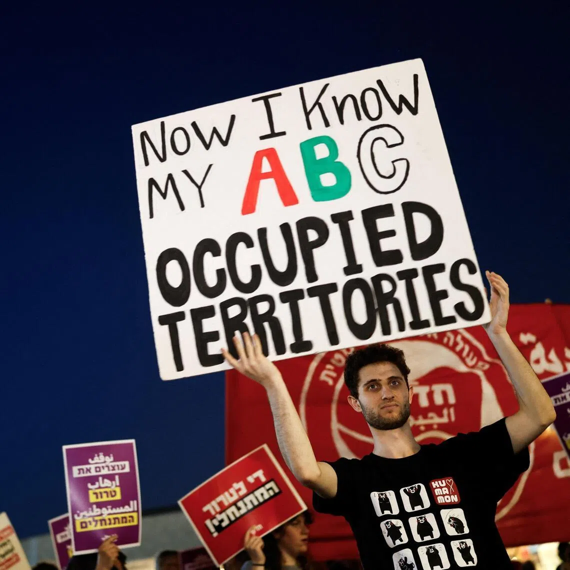 People protesting in Tel Aviv in April against the escalation of settler violence in the Israeli-occupied West Bank.