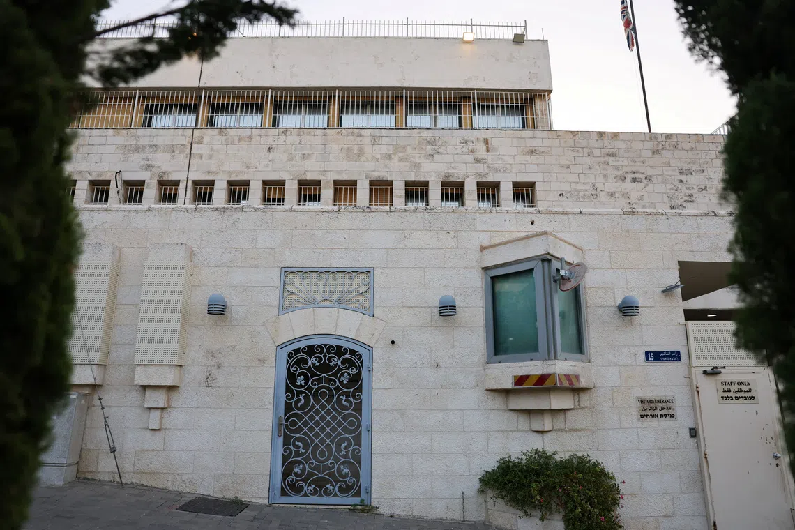A view of the British consulate with signage removed, on the deadline set by Israel for its closure, following trade sanctions imposed by British Prime Minister Andy Burnham on Israeli settlements in the occupied West Bank, in East Jerusalem, October 8, 2026. REUTERS/Ammar Awad