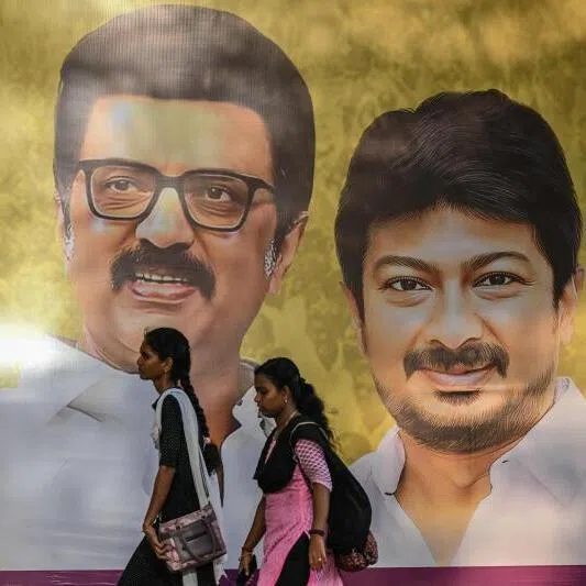 A poster in Chennai, India, featuring Chief Minister of Indian state of Tamil Nadu, M K Stalin (centre) and Deputy Chief Minister Udhayanidhi Stalin.