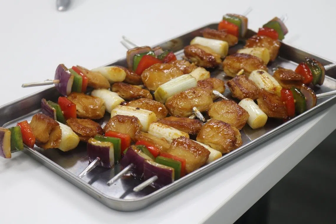 Skewers featuring Ants Innovate’s plant-based chunks and cultivated pork Cell Essence. The company says it has found a way to replicate the fibrous texture of meat.