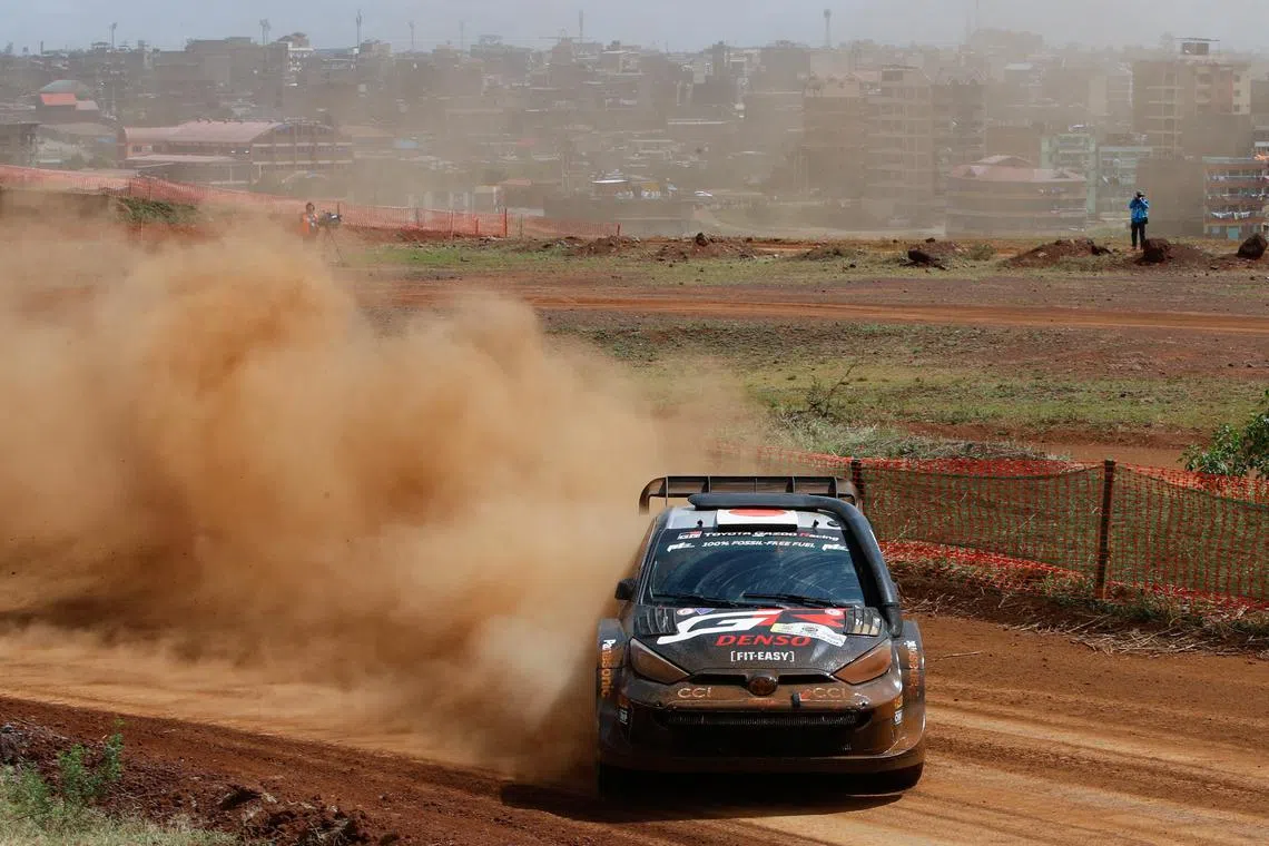 Rallying - World Rally Championship - Safari Rally Kenya - March 28, 2024 - Finnish Toyota driver Kalle Rovanpera and Co-Driver Jonne Halttunen in action during side-by-side super special racing stage at Kasarani in Nairobi. REUTERS/Monicah Mwangi/File Photo