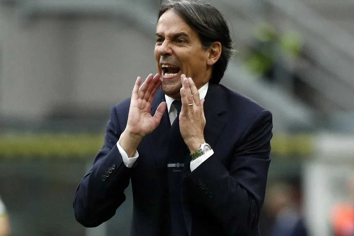 Soccer Football - Serie A - Inter Milan v Cagliari - San Siro, Milan, Italy - April 12, 2025 Inter Milan coach Simone Inzaghi reacts REUTERS/Alessandro Garofalo