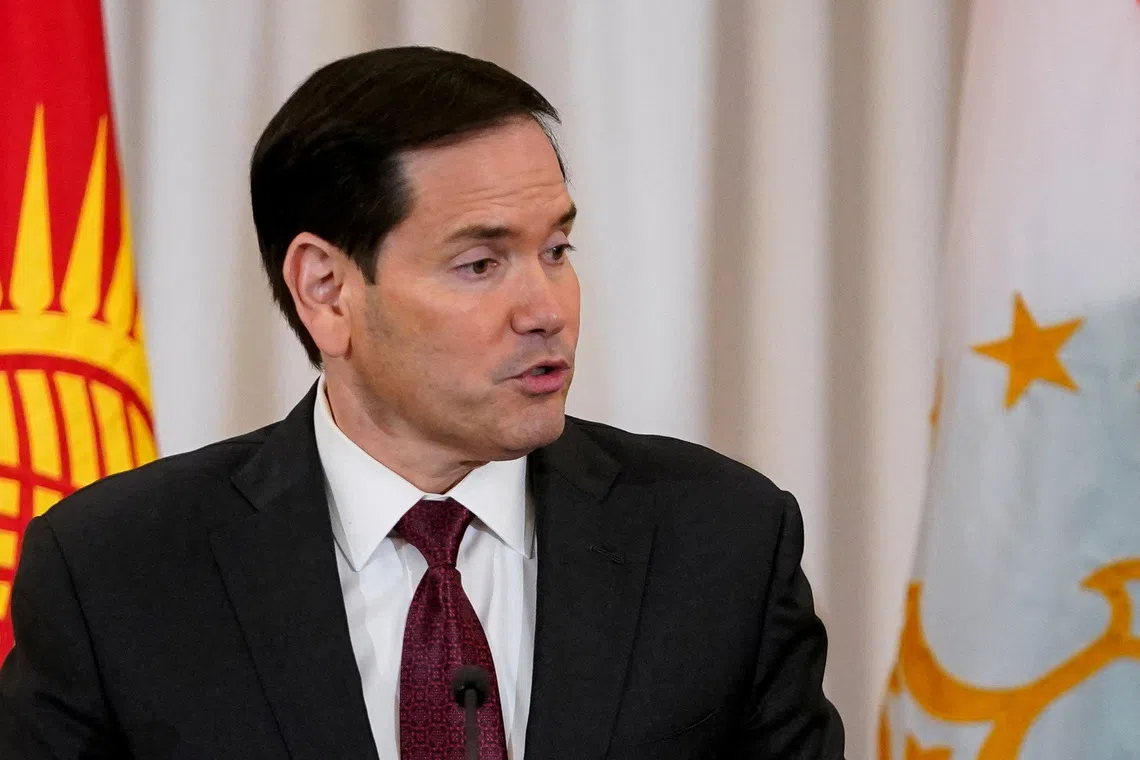 FILE PHOTO: U.S. Secretary of State Marco Rubio speaks during a reception with Central Asian states' foreign ministers at the State Department in Washington, D.C., U.S., November 5, 2025. REUTERS/Nathan Howard/File Photo