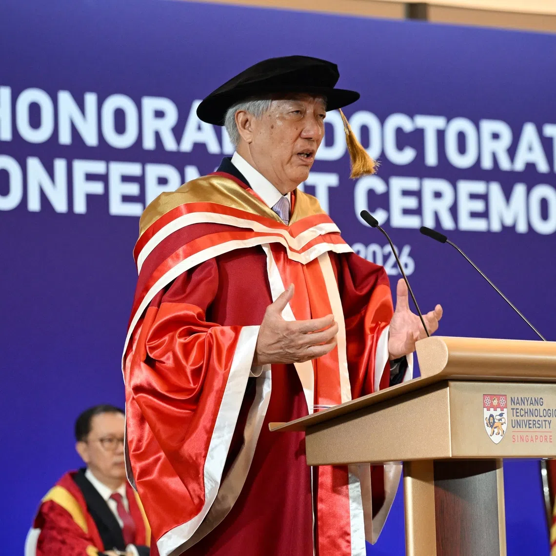 Senior adviser in the Prime Minister’s Office Teo Chee Hean speaking at the Conferment of Honorary Doctorate ceremony at NTU on Aug 26.