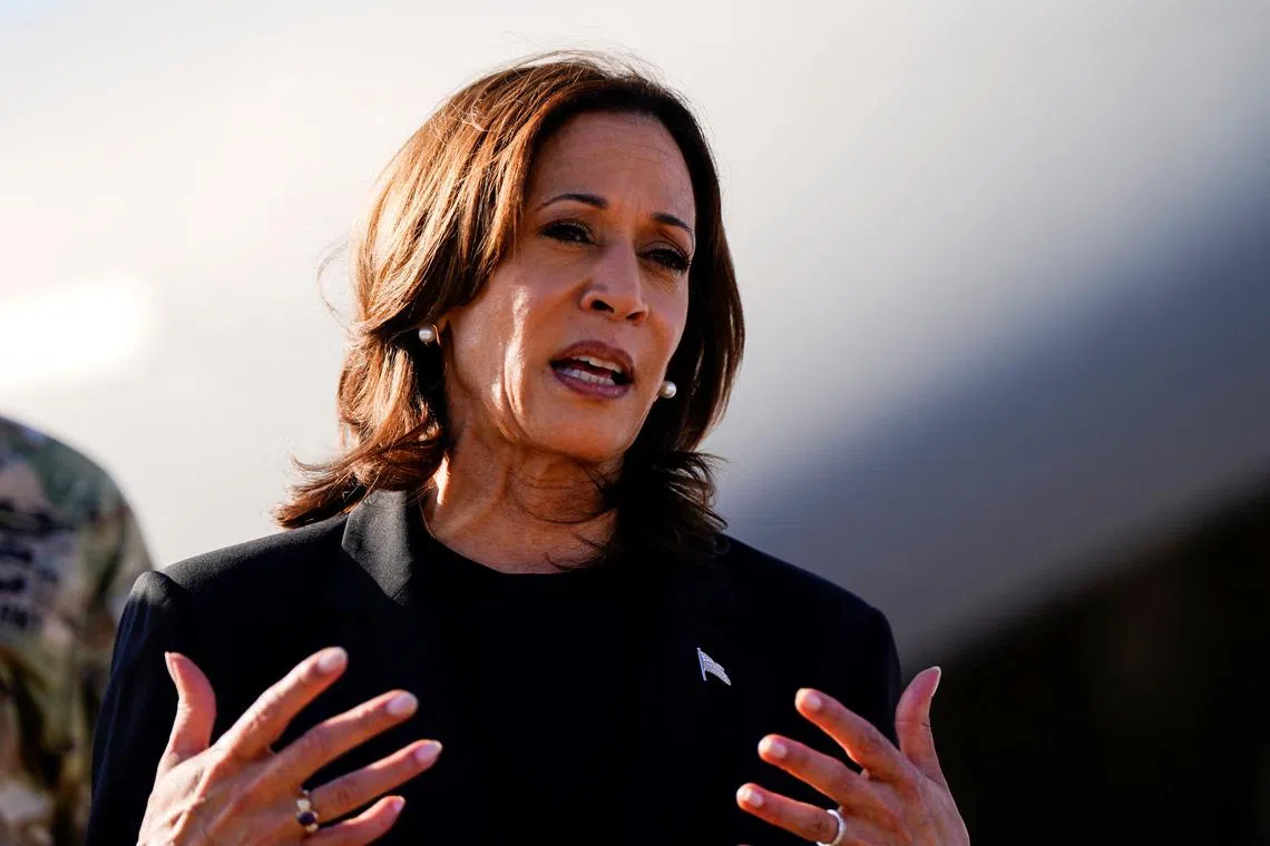 Democratic presidential nominee and U.S. Vice President Kamala Harris speaks to the members of the media, following a briefing with officials, in the wake of Hurricane Helene in Charlotte, North Carolina, U.S., October 5, 2024. REUTERS/Elizabeth Frantz