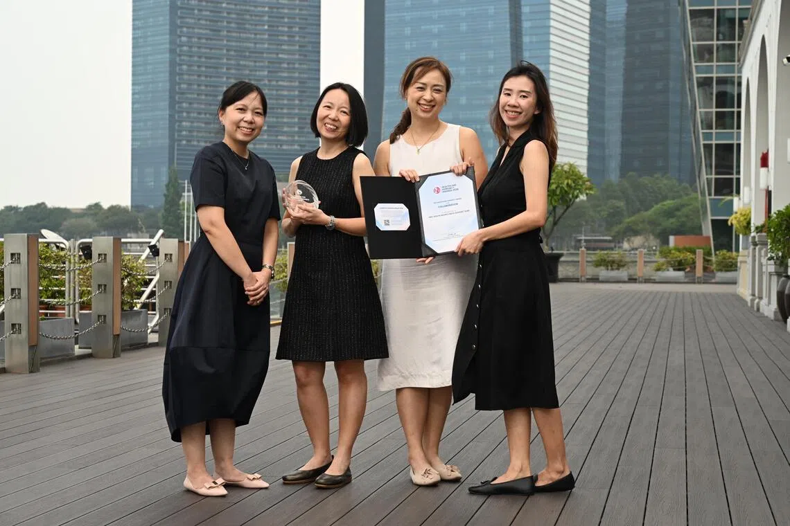 Healthcare Humanity Award winners (from left) Yvette Choo, senior occupational therapist from Khoo Teck Puat Hospital and Yishun Community Hospital; Heidi Tan, senior principal occupational therapist at Tan Tock Seng Hospital; Tess Hng, TTSH principal medical social worker; and Chella Sim, senior medical social worker with KTPH and YCH.
