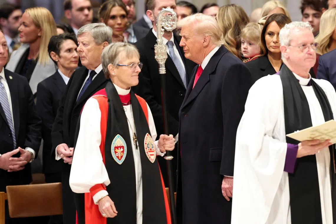 US President Donald Trump attending a service at the Washington National Cathedral given by Bishop Mariann Edgar Budde (left) on Jan 21.