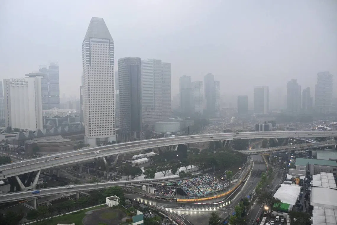 A hazy Singapore skyline seen from the Marina Bay Street Circuit at 5pm on Oct 10.