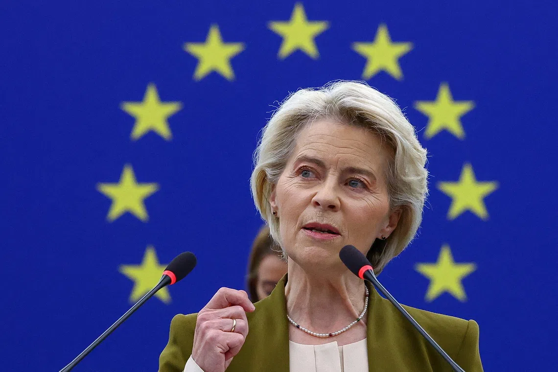 FILE PHOTO: European Commission President Ursula von der Leyen delivers the State of the European Union address to the European Parliament, in Strasbourg, France, September 10, 2025. REUTERS/Yves Herman/ File Photo