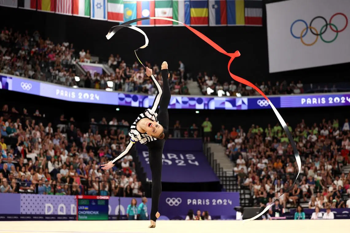Paris 2024 Olympics - Rhythmic Gymnastics - Individual All-Around Qual - Part 2 of 2 - Porte de La Chapelle Arena, Paris, France - August 08, 2024. Taisiia Onofriichuk of Ukraine in action. REUTERS/Mike Blake