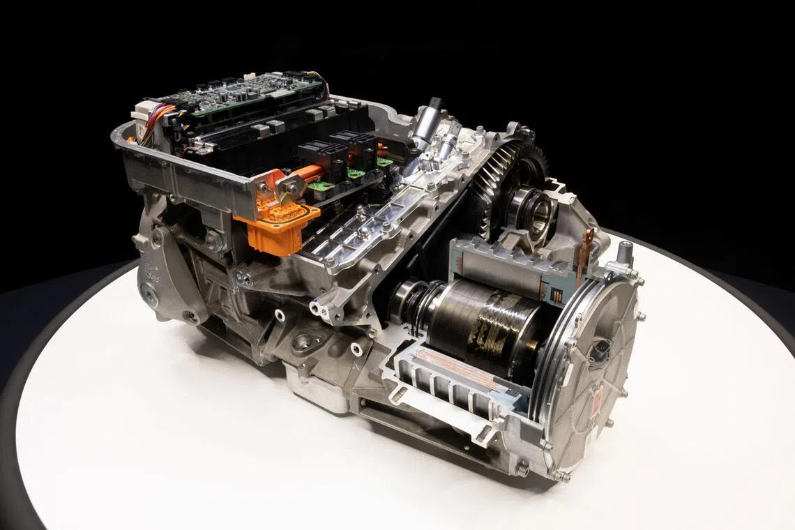 A view of an electric vehicle powertrain system as the new electric technology developed for Ferrari's first electric car is unveiled at the company’s headquarters in Maranello, Italy.