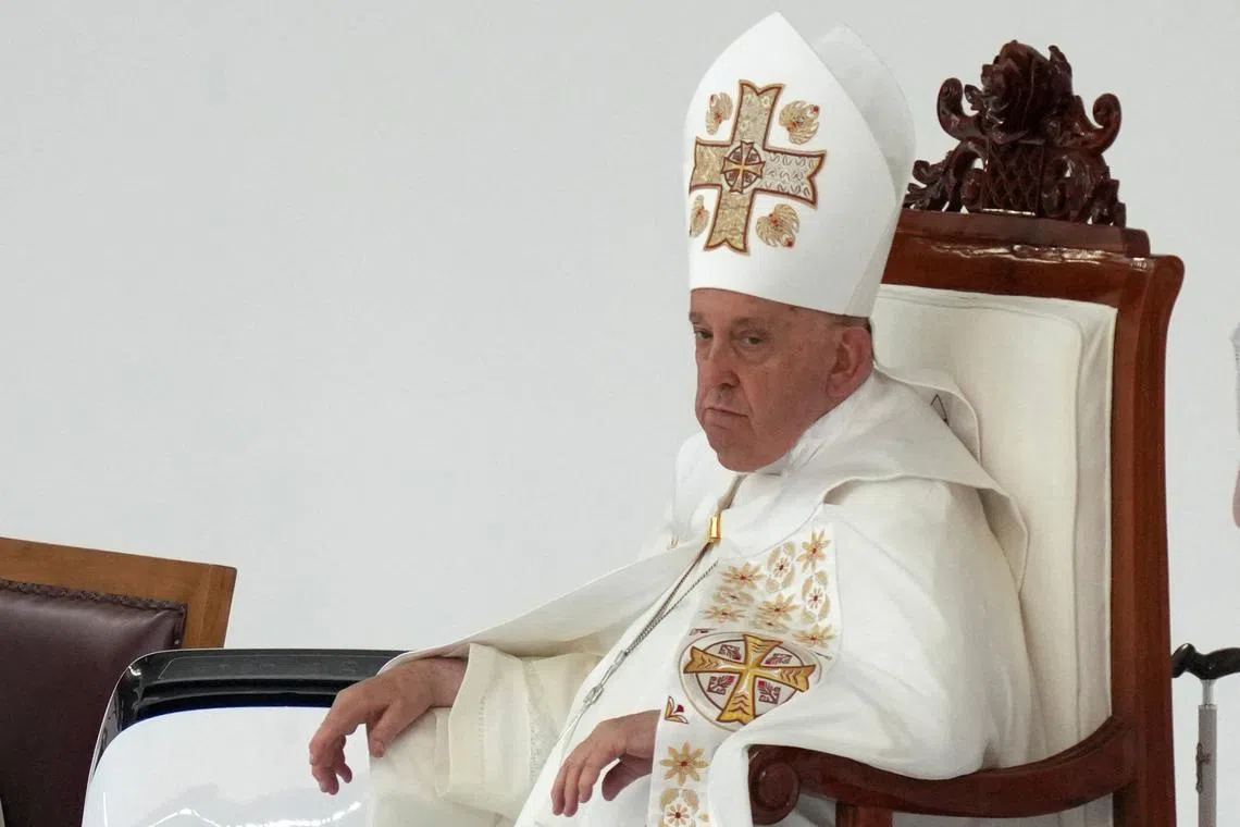 Pope Francis looks on on the day he leads the holy mass at Gelora Bung Karno Stadium in Jakarta, Indonesia, Thursday, Sept. 5, 2024.  Dita Alangkara/Pool via REUTERS