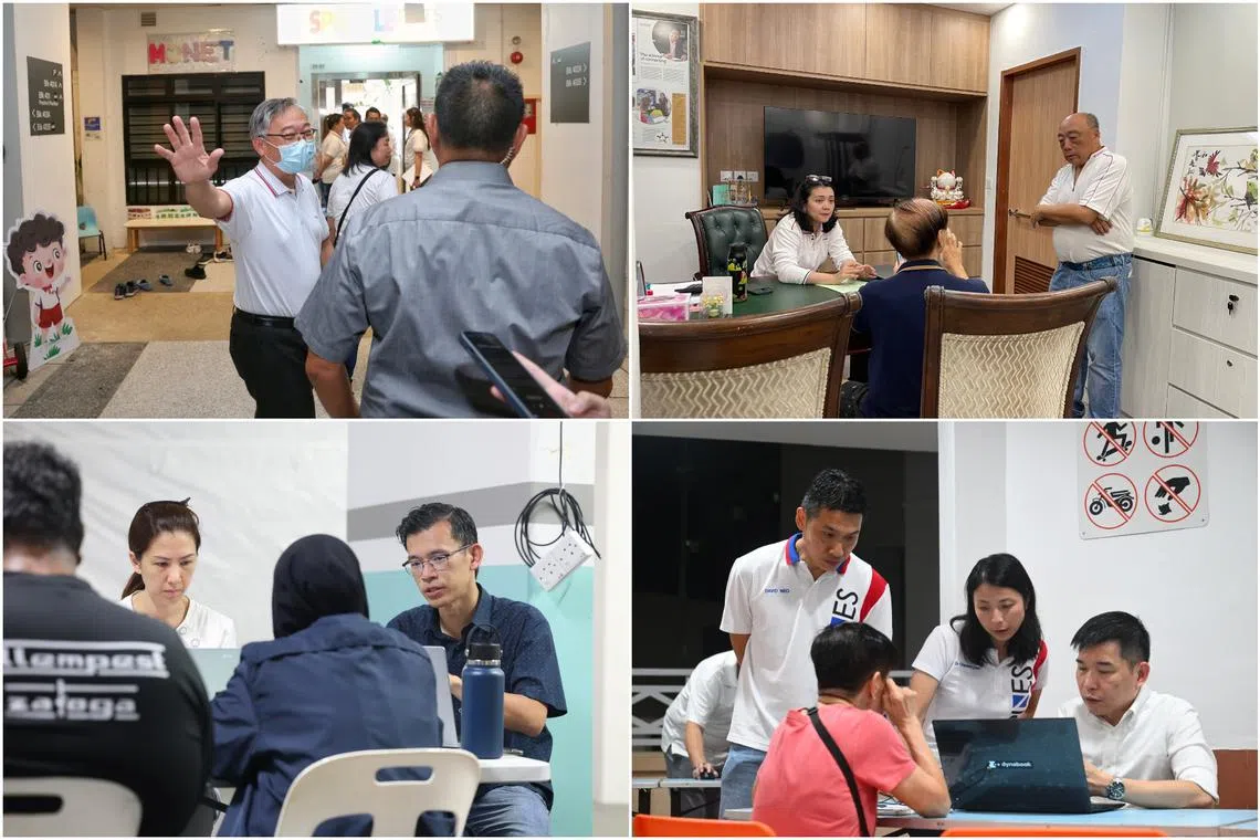 (Clockwise from top left) DMP and Punggol GRC MP Gan Kim Yong, East Coast GRC MP Hazlina Abdul Halim, Tampines GRC MPs Charlene Chen and David Neo and WP Aljunied MP Kenneth Tiong at their respective Meet-the-People session on May 4.
