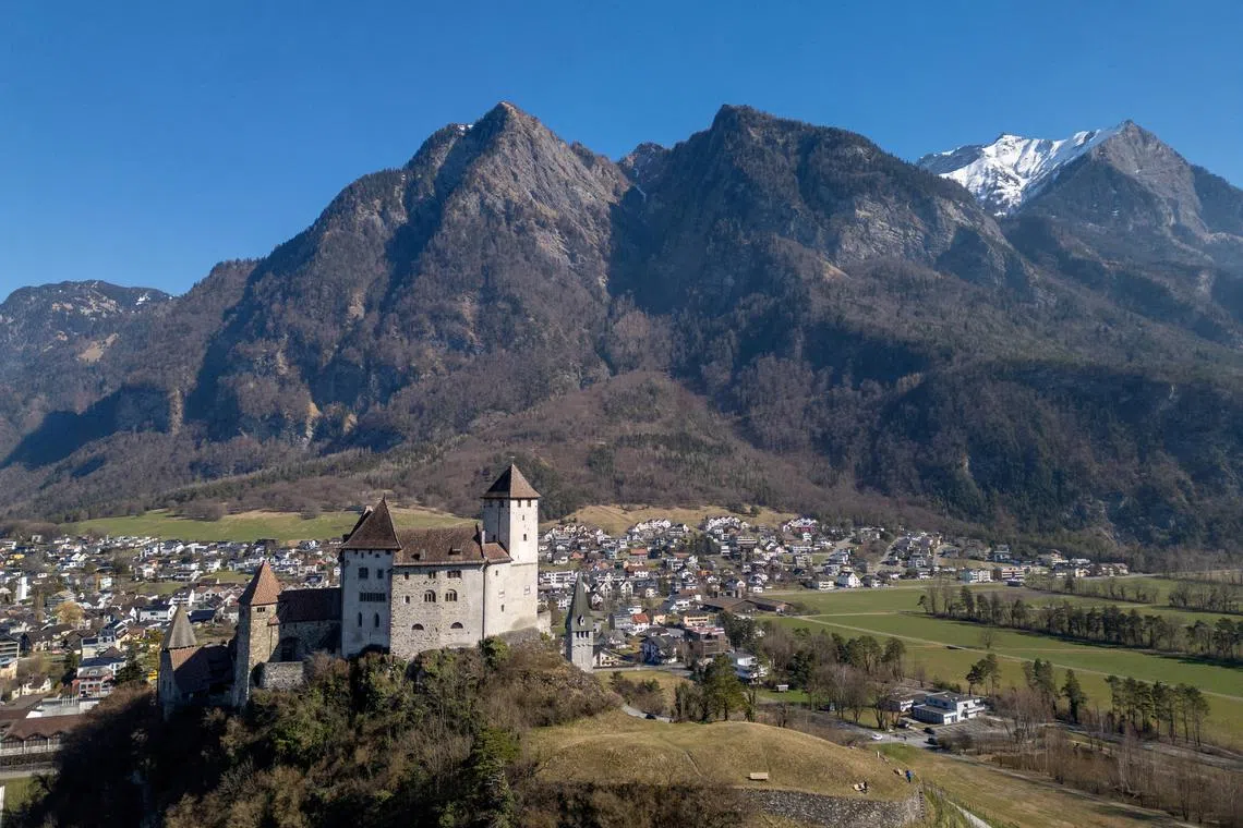 A drone view shows the Gutenberg Castle in Balzers near Vaduz, Liechtenstein, March 3, 2025. REUTERS/Denis Balibouse/File Photo