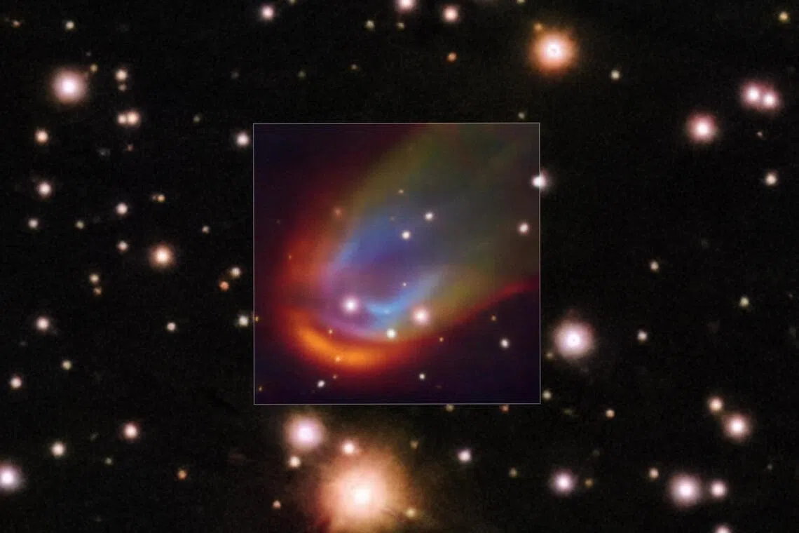 A white dwarf star creating a colourful shockwave, as observed using the Very Large Telescope in Chile.