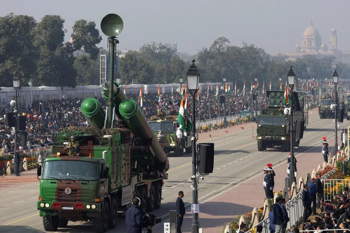 The India Army's BrahMos missile launcher is displayed during the Republic Day parade in New Delhi, India, on Jan 26, 2026.