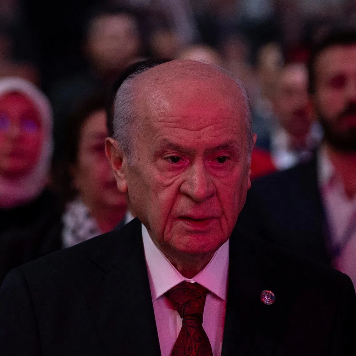 Devlet Bahceli, leader of the Nationalist Movement Party (MHP), attends Century of Turkey meeting in Ankara, Turkey, October 28, 2022. REUTERS/Umit Bektas