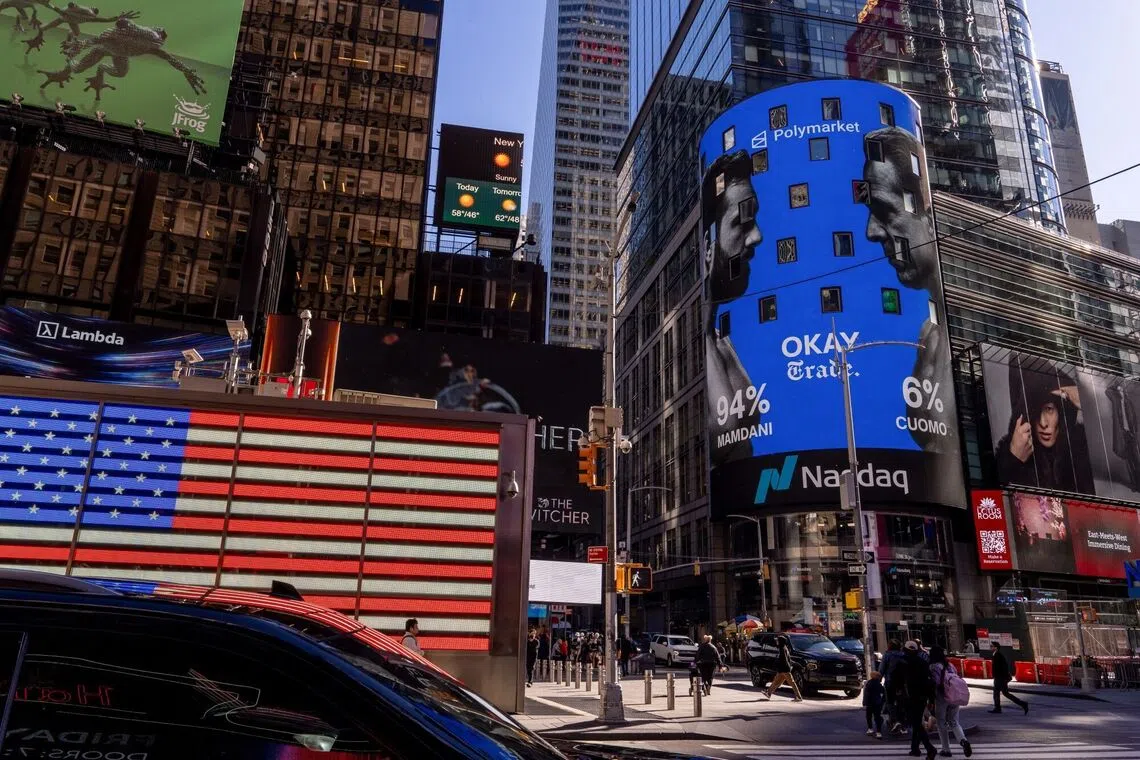 A Polymarket billboard displaying New York City mayoral election odds in Times Square in New York on Nov 4.