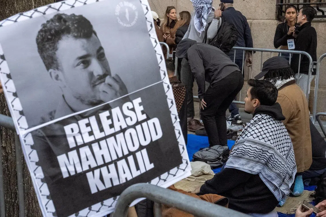 Muslim protestors pray outside the main campus of Columbia University during a demonstration to denounce the immigration arrest of Mahmoud Khalil, a pro-Palestinian activist who helped lead protests against Israel at the university, in New York City.