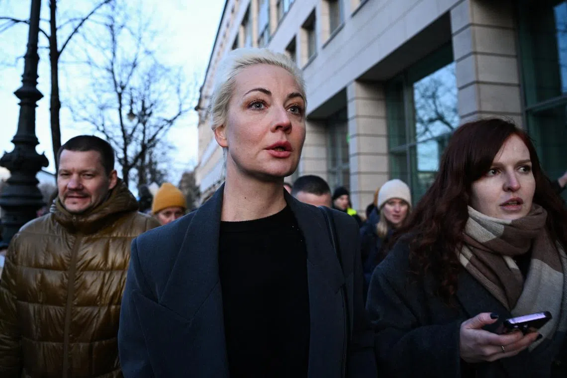 Yulia Navalnaya, the widow of Alexei Navalny, the Russian opposition leader who died in a prison camp, looks on after leaving the Russian Embassy on the final day of the presidential election in Russia, in Berlin, Germany, March 17, 2024. REUTERS/Annegret Hilse/ File Photo
