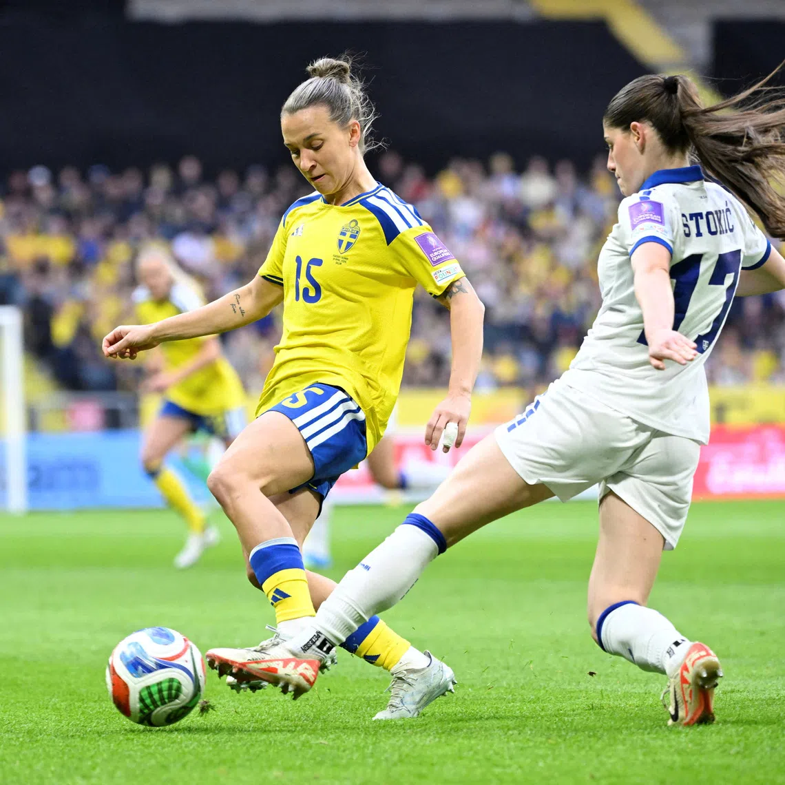 FILE PHOTO: Soccer Football - Women's World Cup - European Qualifiers - Sweden v Serbia - Strawberry Arena, Solna, Sweden - April 18, 2026 Sweden's Julia Zigiotti Olme in action with Serbia's Sara Stokic  Jessica Gow/TT News Agency via REUTERS