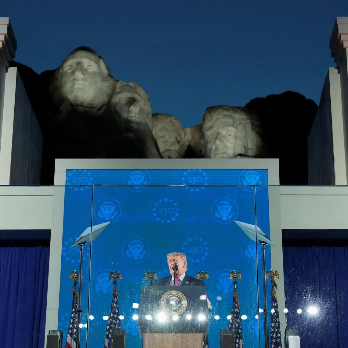US President Donald Trump delivers remarks during a celebration for the 250th anniversary of US independence at Mount Rushmore on July 3.
