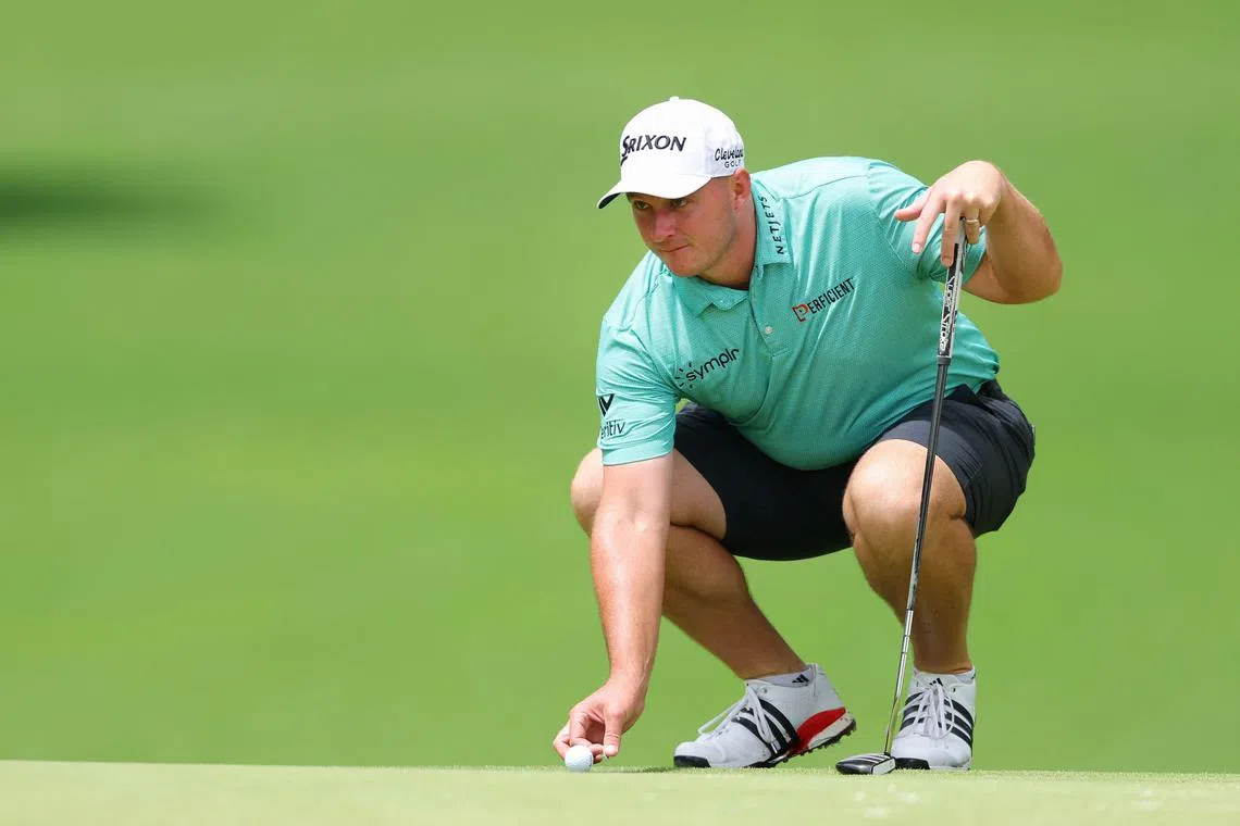 Sepp Straka of Austria looks over a putt on the 12th hole prior to the PGA Championship at Quail Hollow.