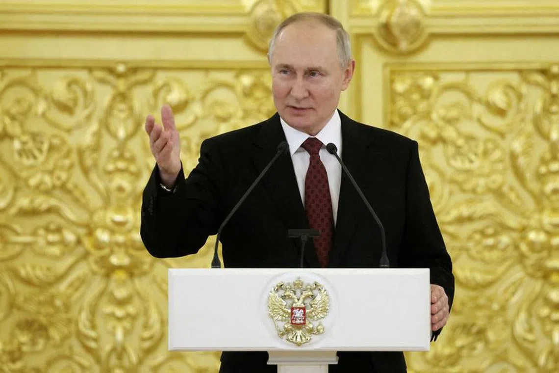 FILE PHOTO: Russian President Vladimir Putin delivers a speech during a ceremony to receive diplomatic credentials from newly appointed foreign ambassadors at the Grand Kremlin Palace in Moscow, Russia, December 4, 2023. Sputnik/Vyacheslav Prokofyev/Pool via REUTERS ATTENTION EDITORS - THIS IMAGE WAS PROVIDED BY A THIRD PARTY./File Photo/File Photo