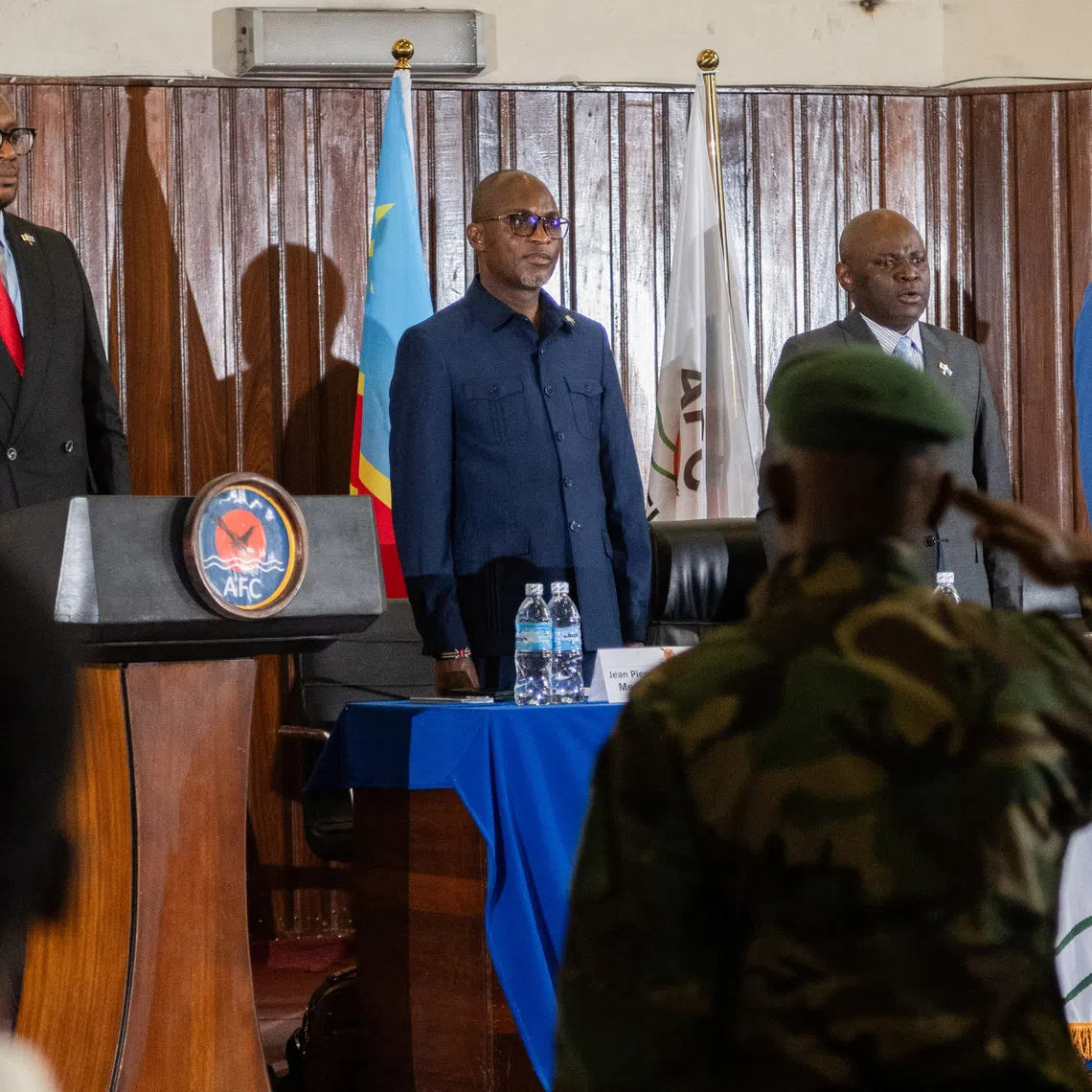 Members of the AFC-M23 Movement delegation attend a press conference on the framework peace agreement signed in Doha on November 15, in Goma, North Kivu Province, Democratic Republic of Congo, November 20, 2025. REUTERS/Stringer