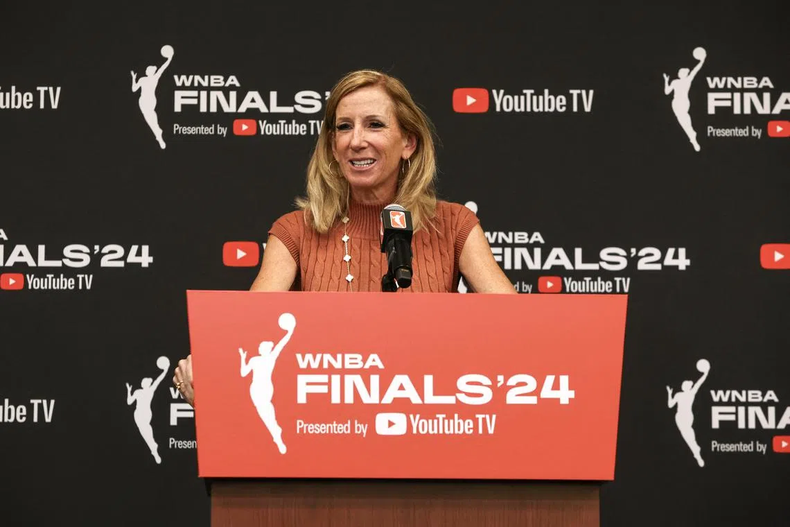 Oct 10, 2024; Brooklyn, New York, USA;  WNBA Commissioner Cathy Engelbert holds a press conference before game one of the WNBA Finals at Barclays Center. Mandatory Credit: Wendell Cruz-Imagn Images