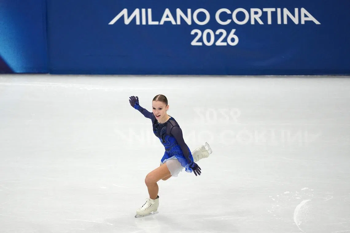Feb 17, 2026; Milan, Italy; Mariia Seniuk (7) of Israel competes in the womens figure skating short program during the Milano Cortina 2026 Olympic Winter Games at Milano Ice Skating Arena. Mandatory Credit: James Lang-Imagn Images