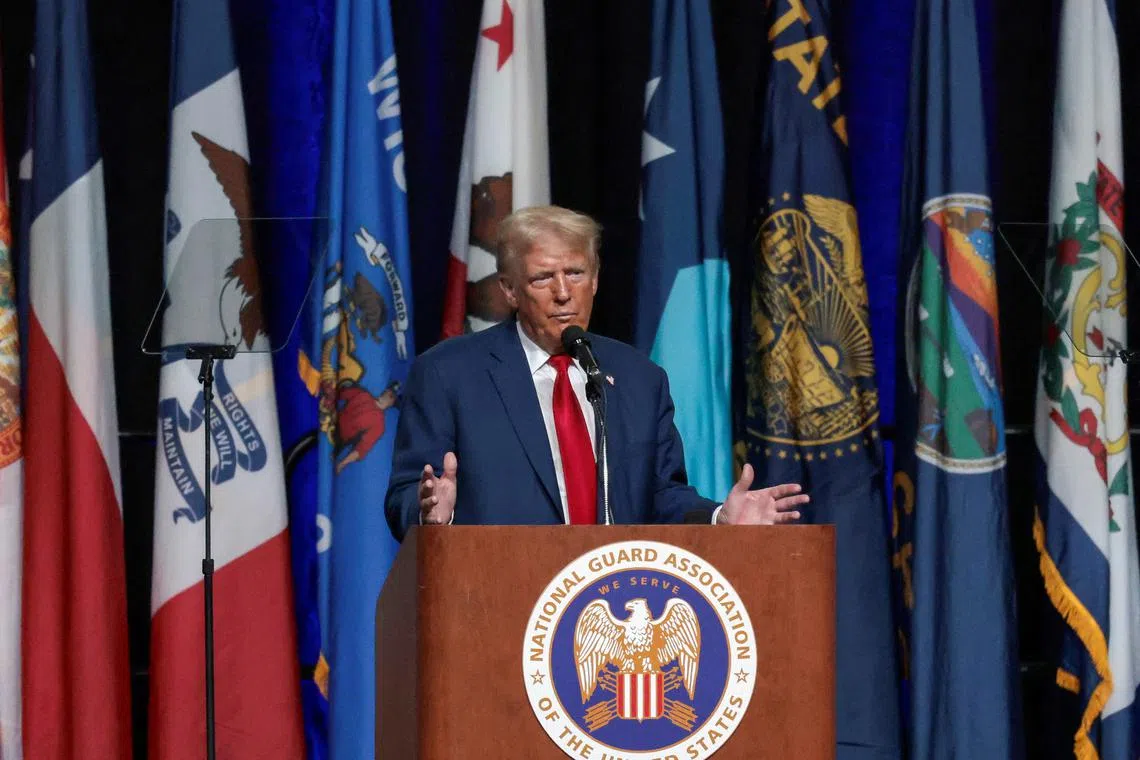 Republican presidential nominee and former U.S. President Donald Trump speaks at the National Guard of the United States NGAUS General Conference in Detroit, Michigan U.S., August 26, 2024.  REUTERS/Rebecca Cook