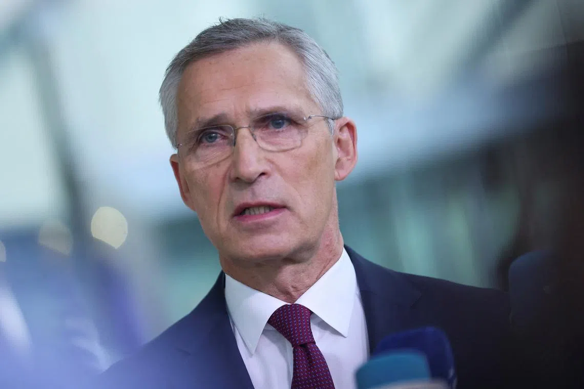 FILE PHOTO: NATO Secretary General Jens Stoltenberg speaks to the media on the day of the NATO defence ministers' meeting at the Alliance's headquarters in Brussels, Belgium June 13, 2024. REUTERS/Johanna Geron/File Photo