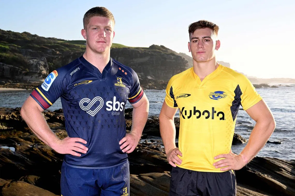 Sean Withy of the Highlanders (left) and Hurricanes’ Ruben Love at the Super Rugby season launch at Sydney’s Little Bay Beach on Feb 5, 2025.
