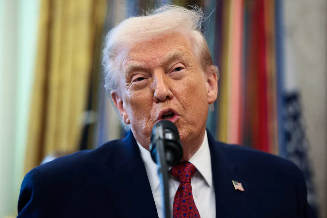 U.S. President Donald Trump speaks during a Mexican Border Defense Medal presentation in the Oval Office at the White House in Washington, D.C., U.S., December 15, 2025. REUTERS/Evelyn Hockstein