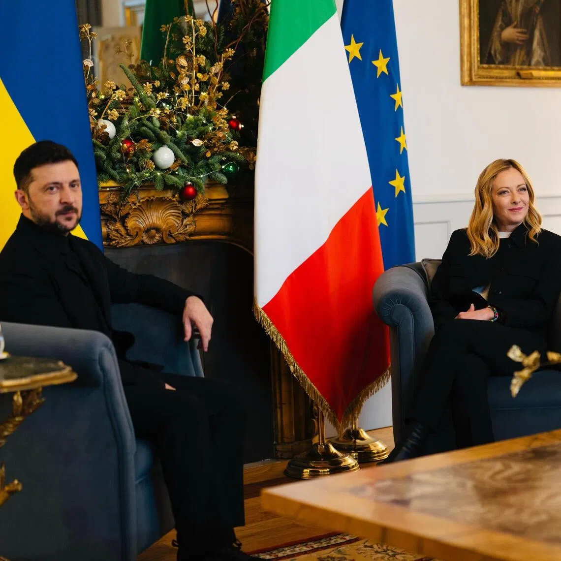 Ukrainian President Volodymyr Zelensky (left) and Italian Prime Minister Giorgia Meloni meeting in Rome, Italy, on Dec 9.