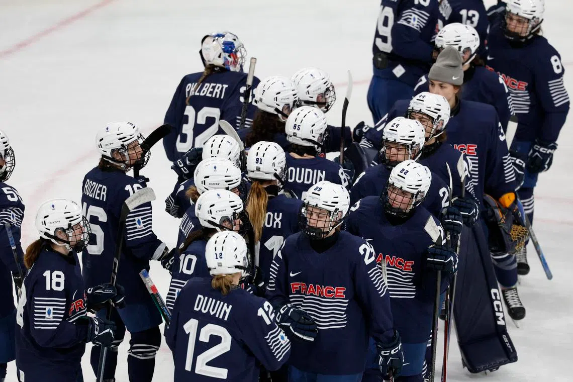 Milano Cortina 2026 Olympics - Ice Hockey - Women's Preliminary Round - Group B - Germany vs France - Milano Rho Ice Hockey Arena, Milan, Italy - February 09, 2026. France players react after the match REUTERS/David W Cerny