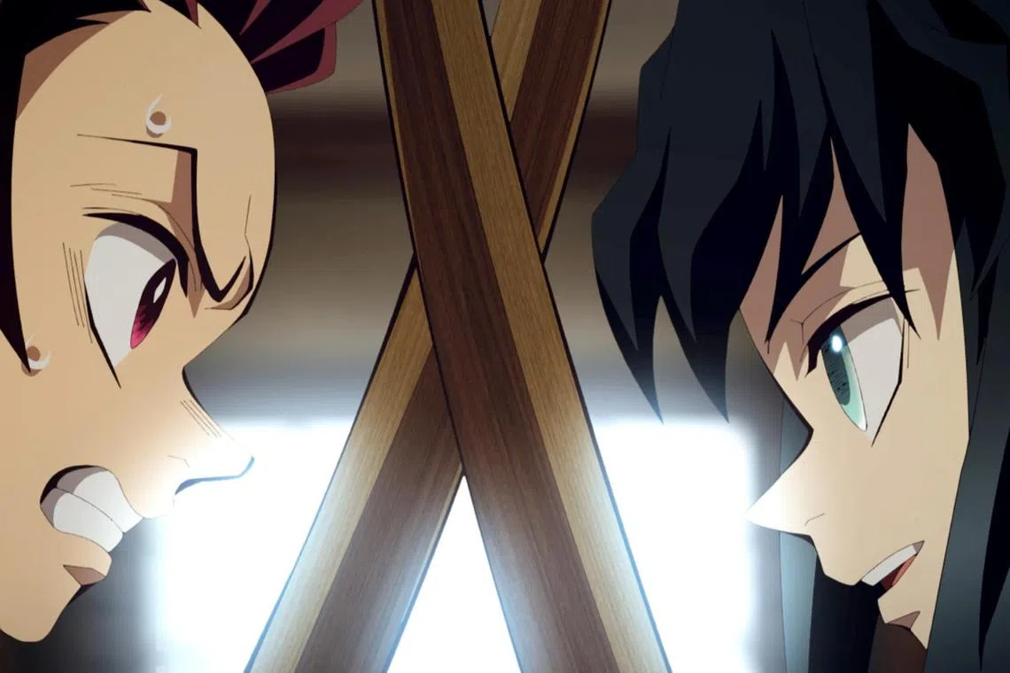 Tanjiro Kamado (left) and Muichiro Tokito in Demon Slayer: Kimetsu No Yaiba Infinity Castle.