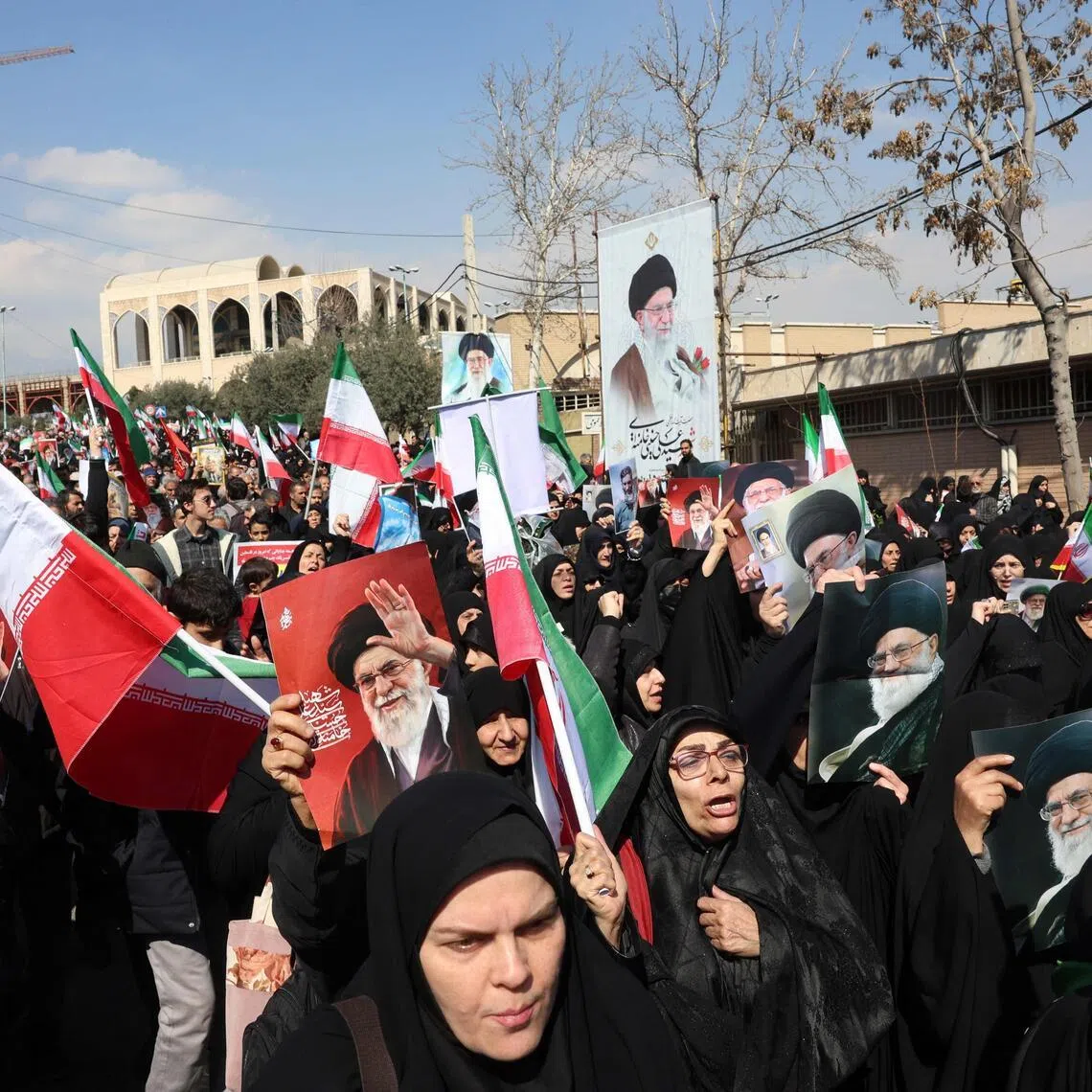 Supporters of Iran's slain supreme leader Ayatollah Ali Khamenei stage a protest after Friday prayers in Tehran on March 6, 2026. 

