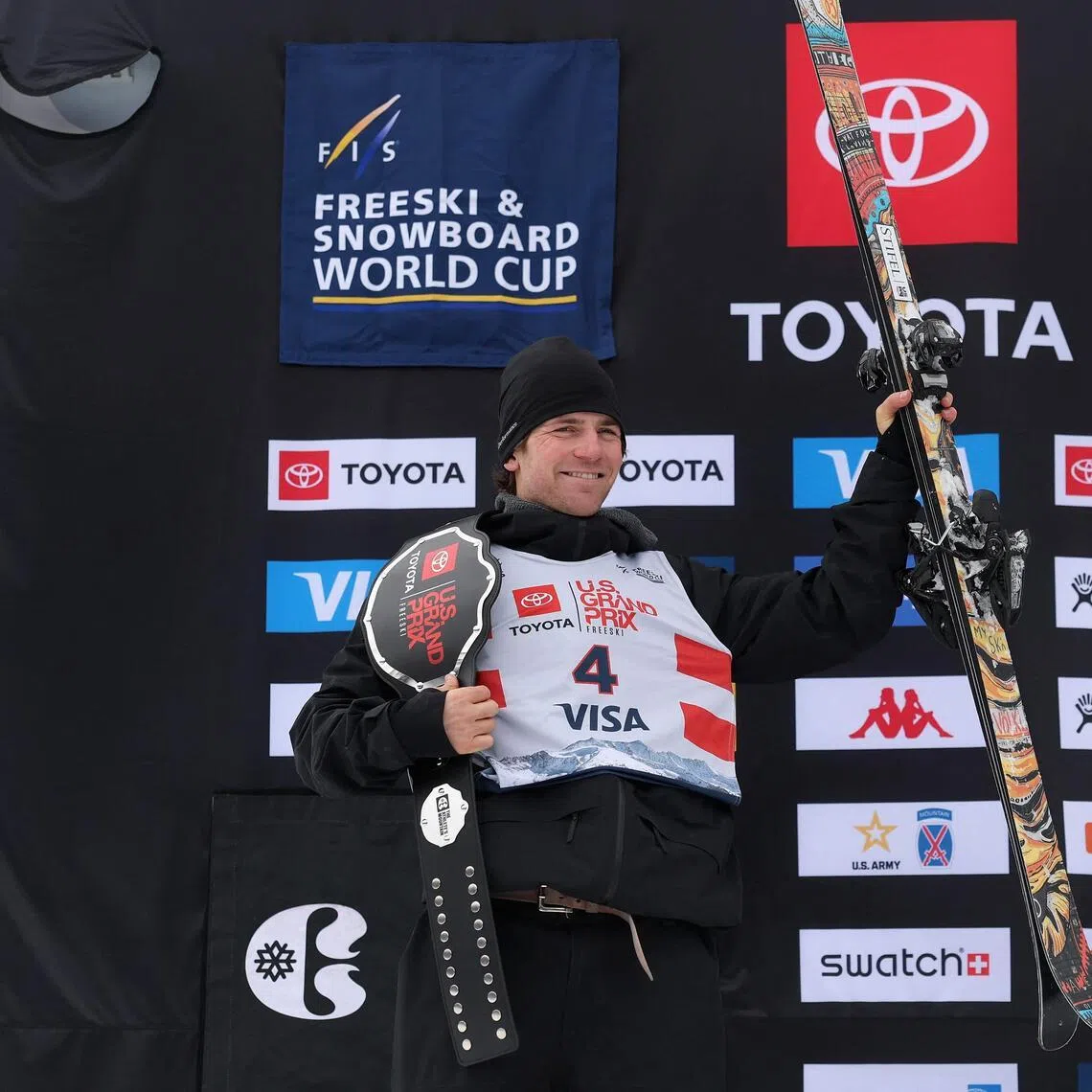 American skier Hunter Hess celebrates after placing second in the men's freeski halfpipe final during the Toyota US Grand Prix 2025 in Colorado on Dec 20, 2025.