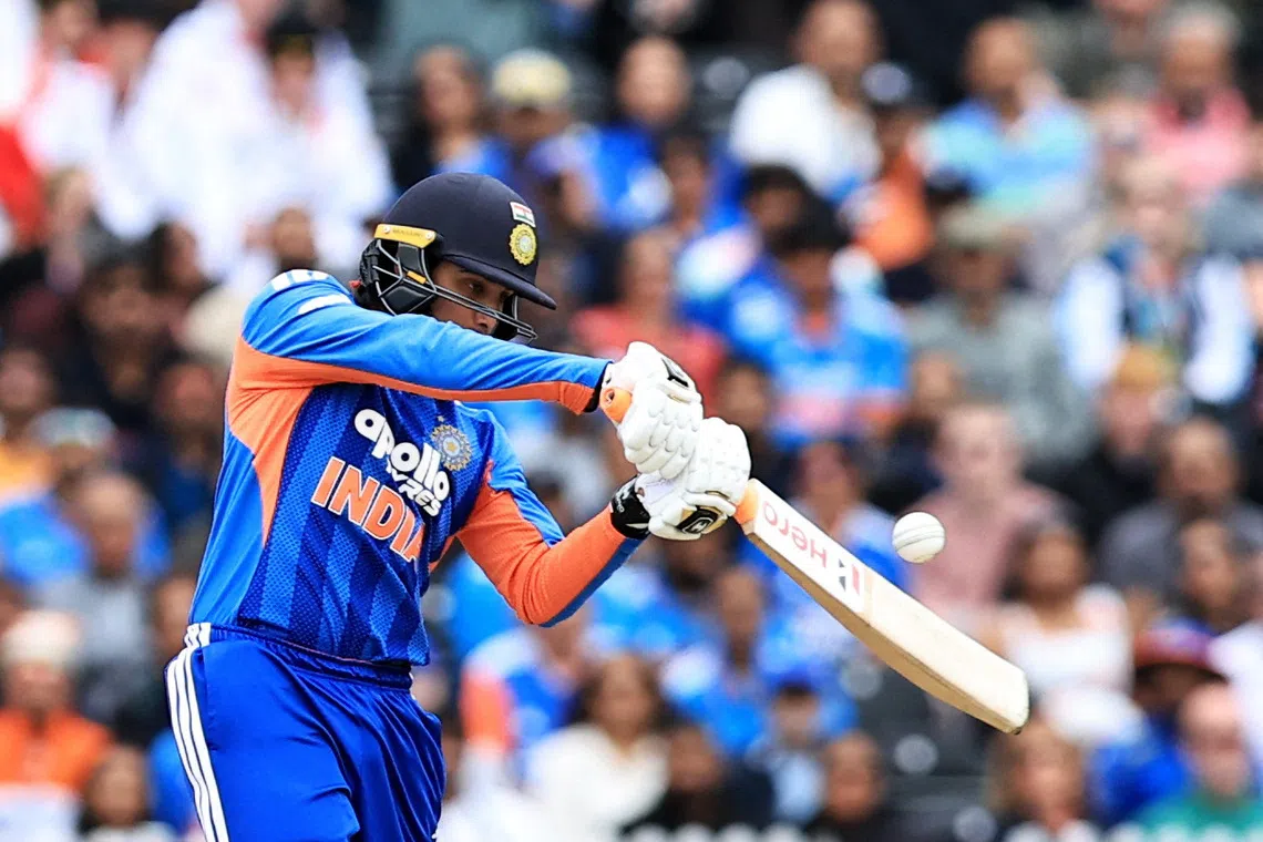 FILE PHOTO: Cricket - Second T20 International - England v India - Old Trafford, Manchester, Britain - July 4, 2026 India's Abhishek Sharma in action as he hits four runs off the bowling of England's Jofra Archer Action Images via Reuters/Craig Brough/File Photo