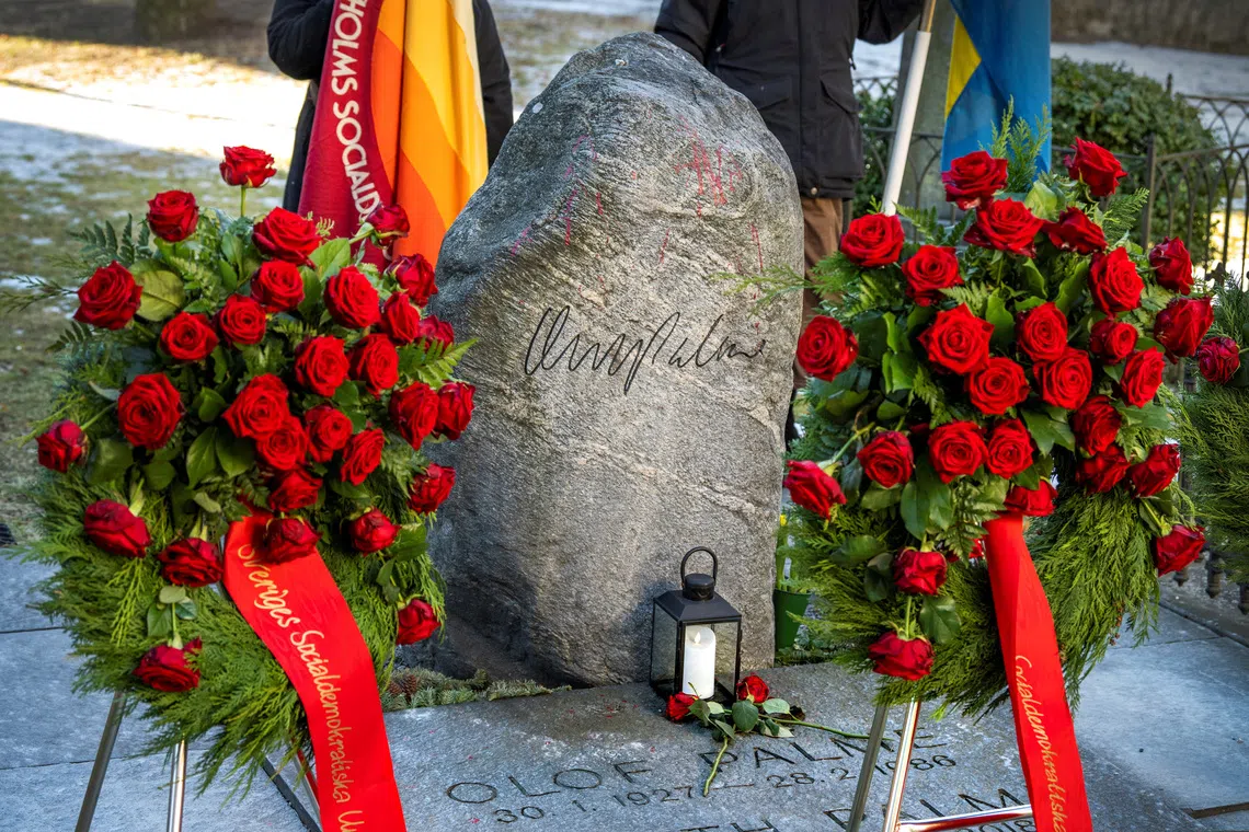 FILE PHOTO: Wreaths are laid out at the grave of former Swedish Prime Minister Olof Palme on the 36th anniversary of his assassination, at the Adolf Fredrik Cemetery in Stockholm, Sweden February 28, 2022. Claudio Bresciani/ TT News Agency/via REUTERS/File Photo