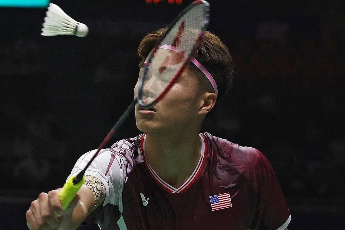 Garret Tan of the US in action against India’s Lakshya Sen on Aug 19 in New Delhi.