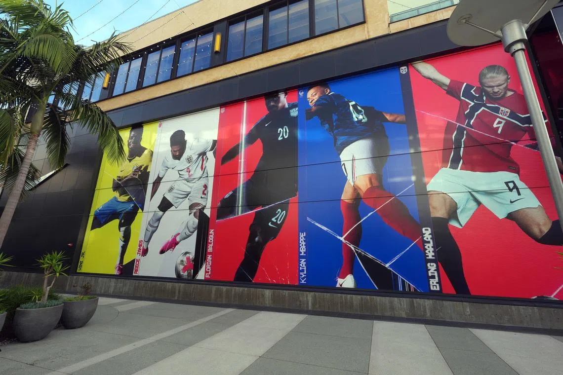 Jun 10, 2026; Santa Monica, California, USA; A Nike soccer display featuring at Brazil forward Vini Jr. (7), England right back Reece James (20), USMNT forward Folarin Balogun (20) and France forward Kylian Mbape (10) at Nike Santa Monica. Mandatory Credit: Kirby Lee-Imagn Images