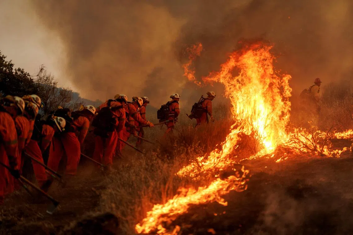 Firefighters battle flames from the Canyon Fire on Aug 7 in Castaic, California. 