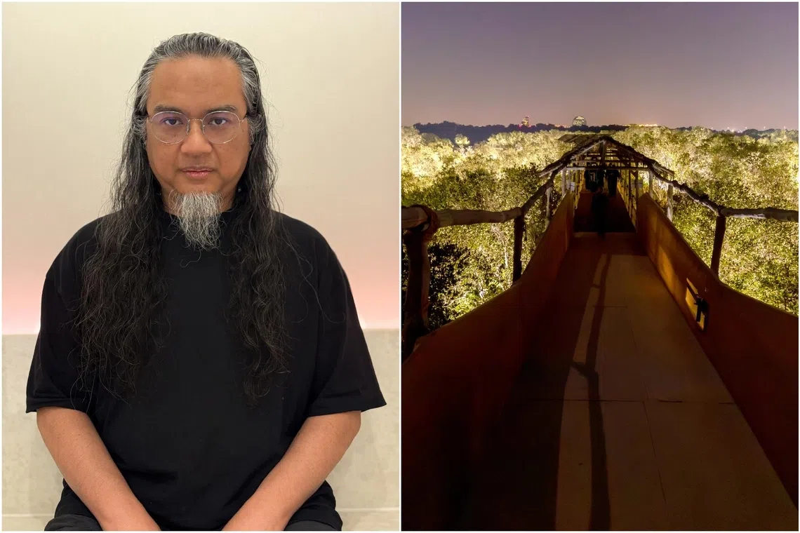 Mr Khairuddin Hori is artistic director of Manar Abu Dhabi 2025. On the right is teamLab's Life Is Continuous Light – Mangrove Forest, which was part of Manar Abu Dhabi 2023. 