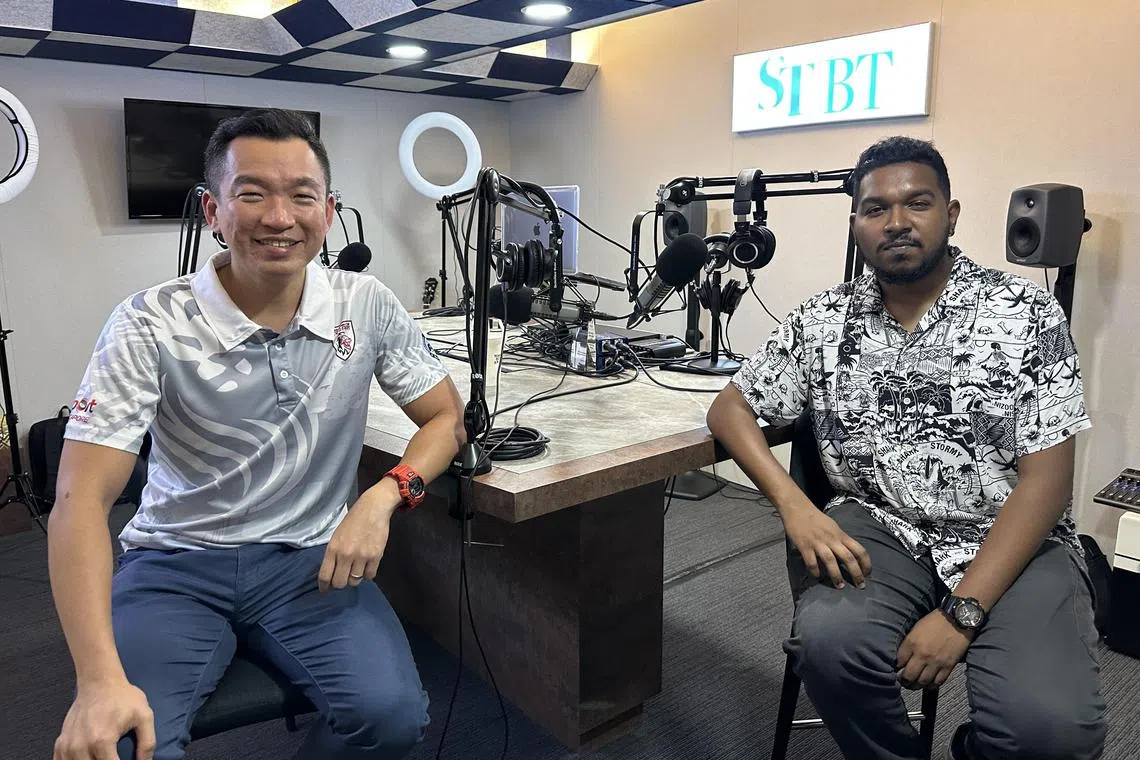 Senior Parliamentary Secretary for Culture, Community and Youth Eric Chua (left), and ST sports reporter Deepanraj Ganesan in the podcast studio.