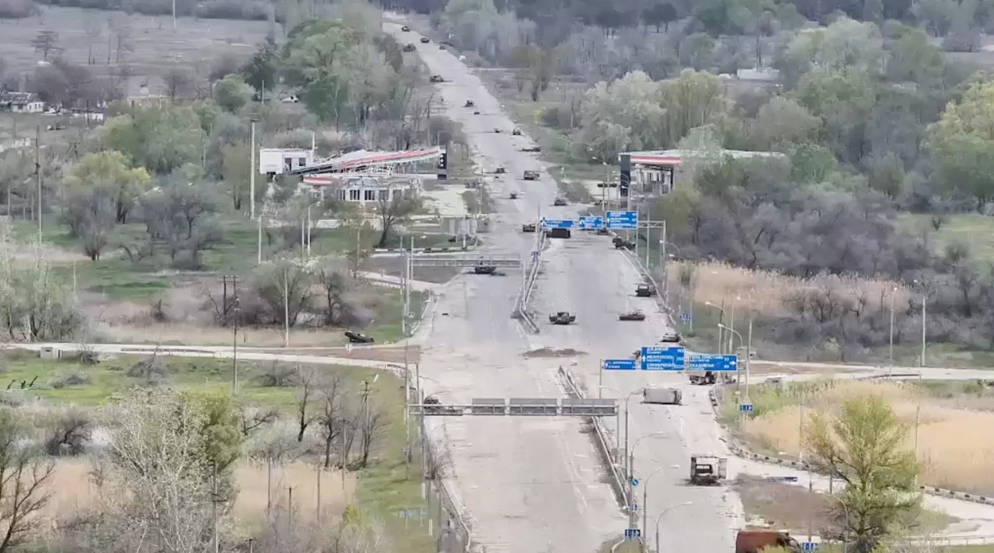 A still image taken from an undated drone video released September 24, 2026, shows destroyed vehicles sitting on a street in Oleshky, Kherson Region, Russian-controlled Ukraine. 34th Separate Marine Brigade "Borysfen"/Handout via REUTERS/File Photo