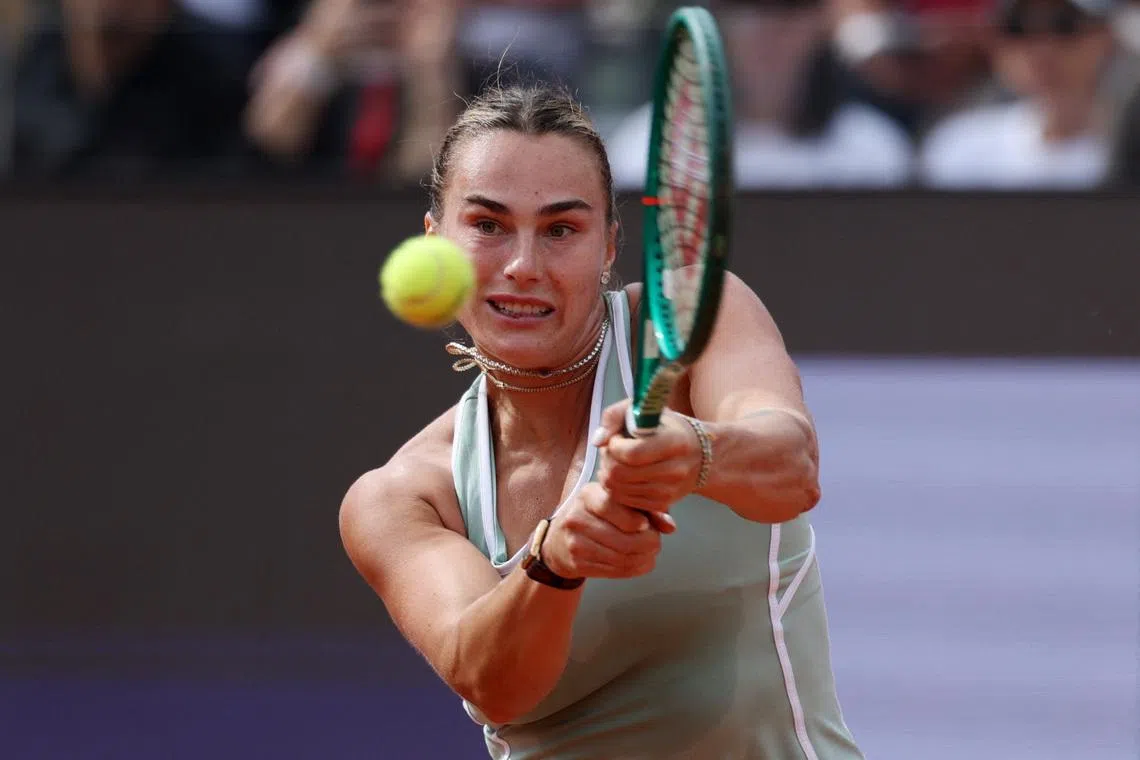 FILE PHOTO: Tennis - Italian Open - Foro Italico, Rome, Italy - May 9, 2026 Belarus' Aryna Sabalenka in action during her round of 32 match against Romania's Sorana Cirstea REUTERS/Claudia Greco/File Photo